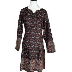 AABTA Kurta Tunic Dress Green Red Floral Pattern Women's Size L India Boho